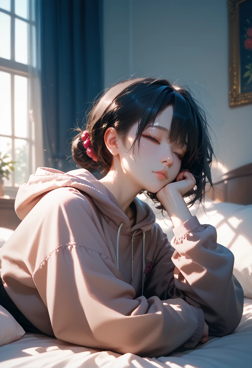 woman　Black Hair　Berry Short　Only one person depicted　Oversized hoodie　Sleepy look　In a dimly lit room　On the bed　Detailed facial expression depiction　Detailed hairstyle depiction　Detailed body depiction　night　Outside the window is night