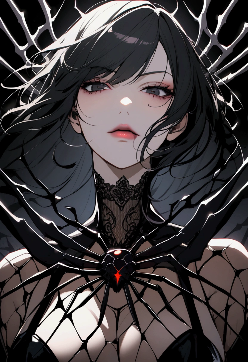 Black spider with a human face。Depict the whole body