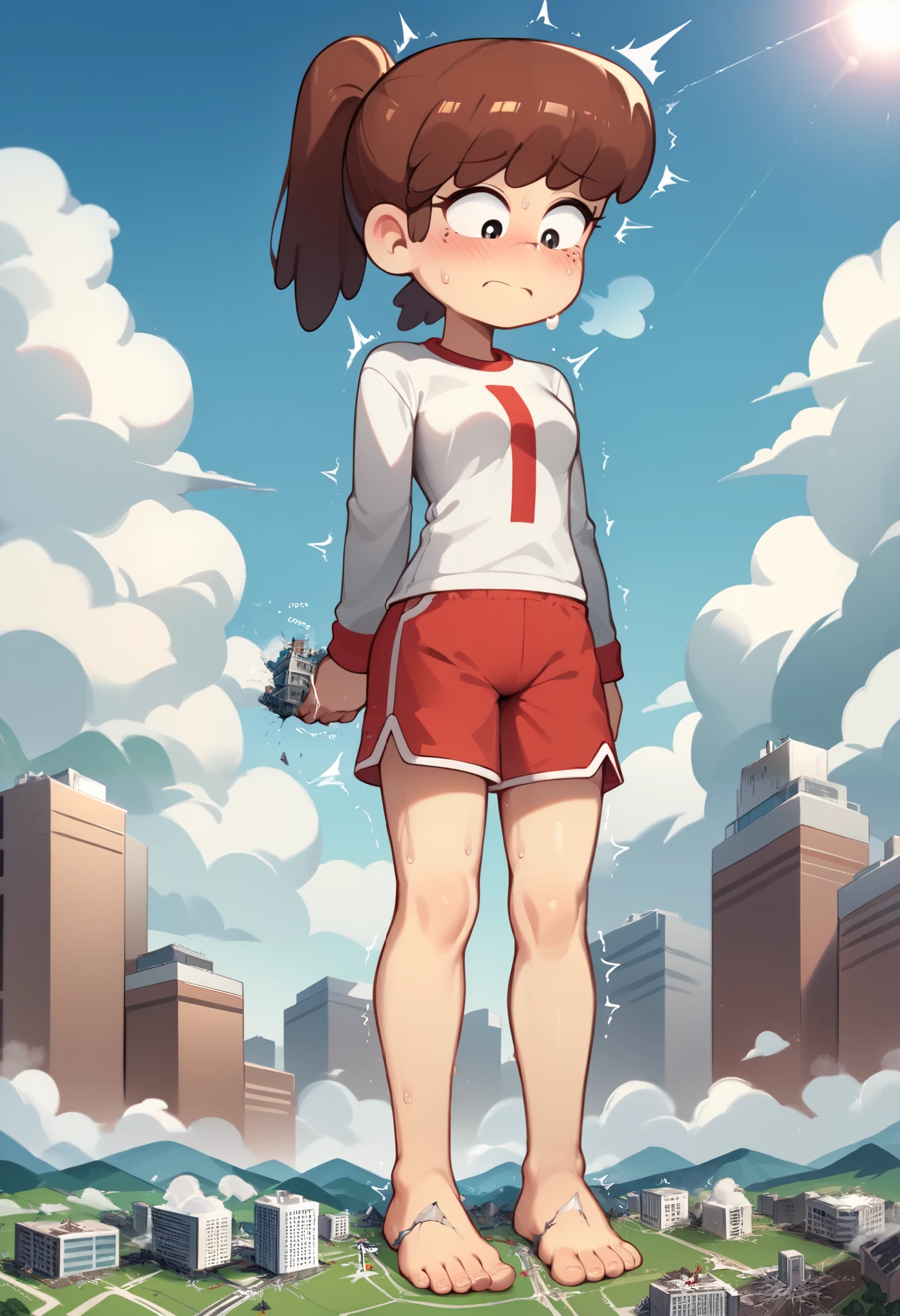 easynegative, safe_pos,score_9,score_8_up,score_7_up,score_6_up,source_anime, Giantess, macro, very sweaty, bigger than island, barefoot, Landscape, cityscape, orgasmic expression, satisfaction gaze, Lynn Loud, brown hair, ponytail, black eyes, white shirt, red sleeves, long sleeves, red shorts, small breast, 1girl, medium cock, testicles, erect penis, cum, Veined cock, Wrinkled testicles, female body, full body, skinny, erect dick, masturbation, building destruction, cracked building, cum on the city, trembling, motion lines,