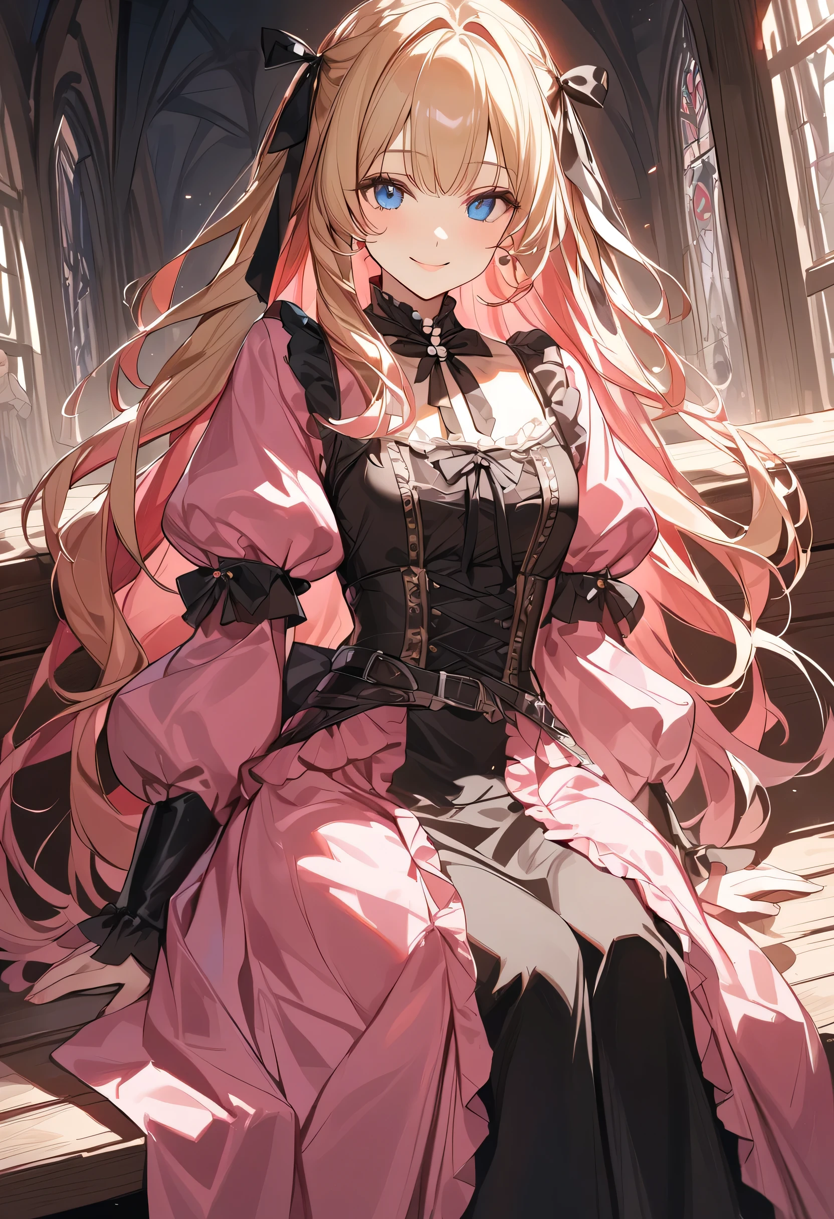 (masterpiece,   high resolution,   top grade), Alone, female, 20 years old, Blonde,   waist ,  long hair ,  wearing a medieval pink dress,  rich dress ,  sitting on a park bench ,  background Western medieval emperor ,  cute ,  smiling wide , 미소가  cute , girl, Red cheeks ,  blue eyes on Adobe, shining,  with a pearl necklace ,  pink ,  Rococo style Lolita dress ,  white frill decoration , black ribbon tie,  puff design sleeve , Black ribbon belt 