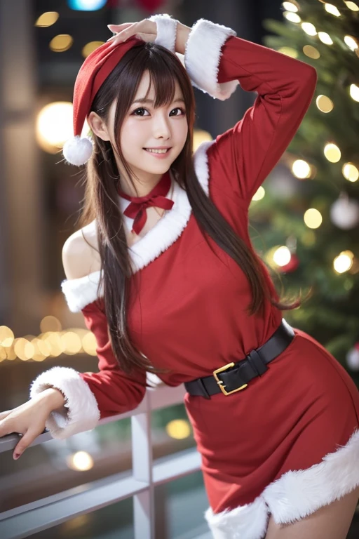 A Japanese model in a bright red Santa cosplay poses for a photo shoot、Bright red outfit、off-the-shoulder Santa dress、 miniskirt,  looking at camera、Detailed and beautiful eyes、 cute smile、 soft and gentle expression 、 Christmas tree in the background 