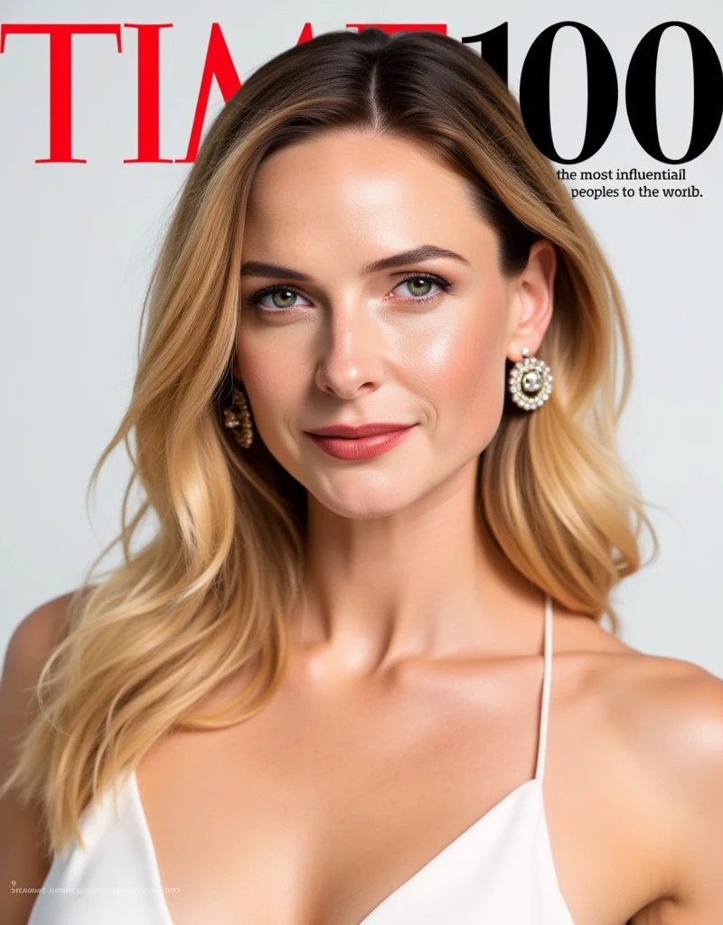 Magazine front cover " TIME 100 " written in middle Red decoration letters at the upon the screen,  writing word "The Most Influential  people  in the world" writing black letter under screen , Font view, cowboy shot, Rebecca Ferguson, smile , middle cut, golden hair, Chanel design earing, White Chanel dinner simple dress, , (super detail, high details, high quality, accurate, anatomically correct, textured skin, beautiful fingers super detail, high details, high quality, best quality)