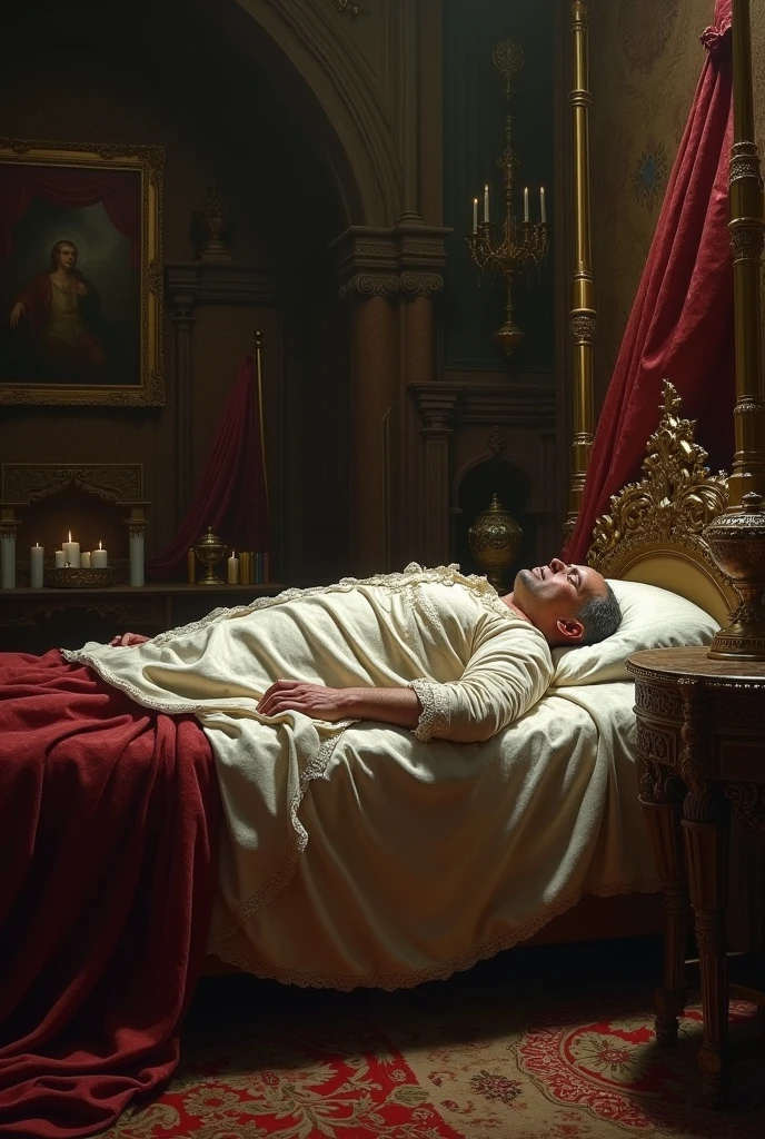 The emperor weak, sitting on the bed, vomiting blood, white semen spill from crotch, chinese style 