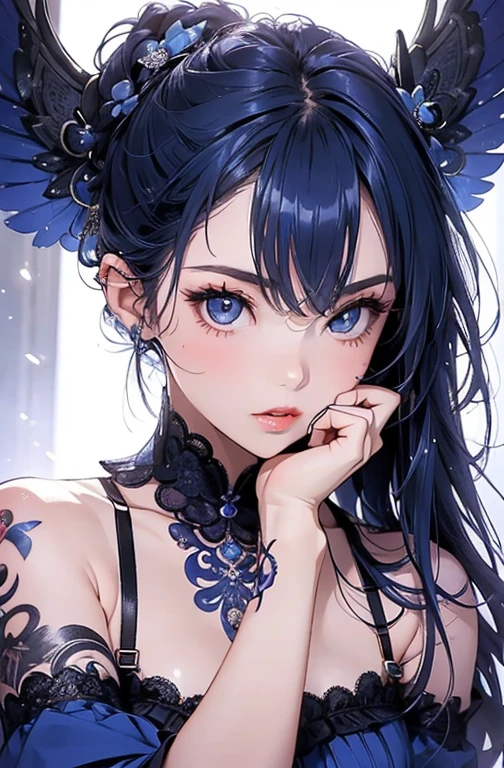 (((Masterpiece))), 1girl, super detailed, hyper-realistic face, (coquettish expression), Chinese blue clothes, ((super cute face)), ((angelic face)), ((incredibly beautiful eyes)), (luminous eyes), (full body), (multicolored hair), (high ponytail), (delicate and perfect hands), (perfect anatomy), super delicate and sexy body, sexy pose, ((ulzzang)), (super thin face), delicate features, ultra detailed, best quality, cinematic lighting, captivating beauty, sexy look