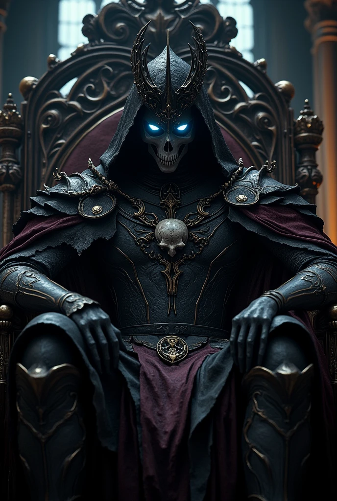 a gothic knight in black armor, mask in the form of a skull, on the head is a hood with a black crown and glowing blue eyes, dark burgundy cape, sits on the throne, intricate gothic details, dramatic lighting, moody atmosphere, cinematic composition, highly detailed, dark fantasy, photorealistic, 8k, (best quality,4k,8k,highres,masterpiece:1.2),ultra-detailed,(realistic,photorealistic,photo-realistic:1.37)