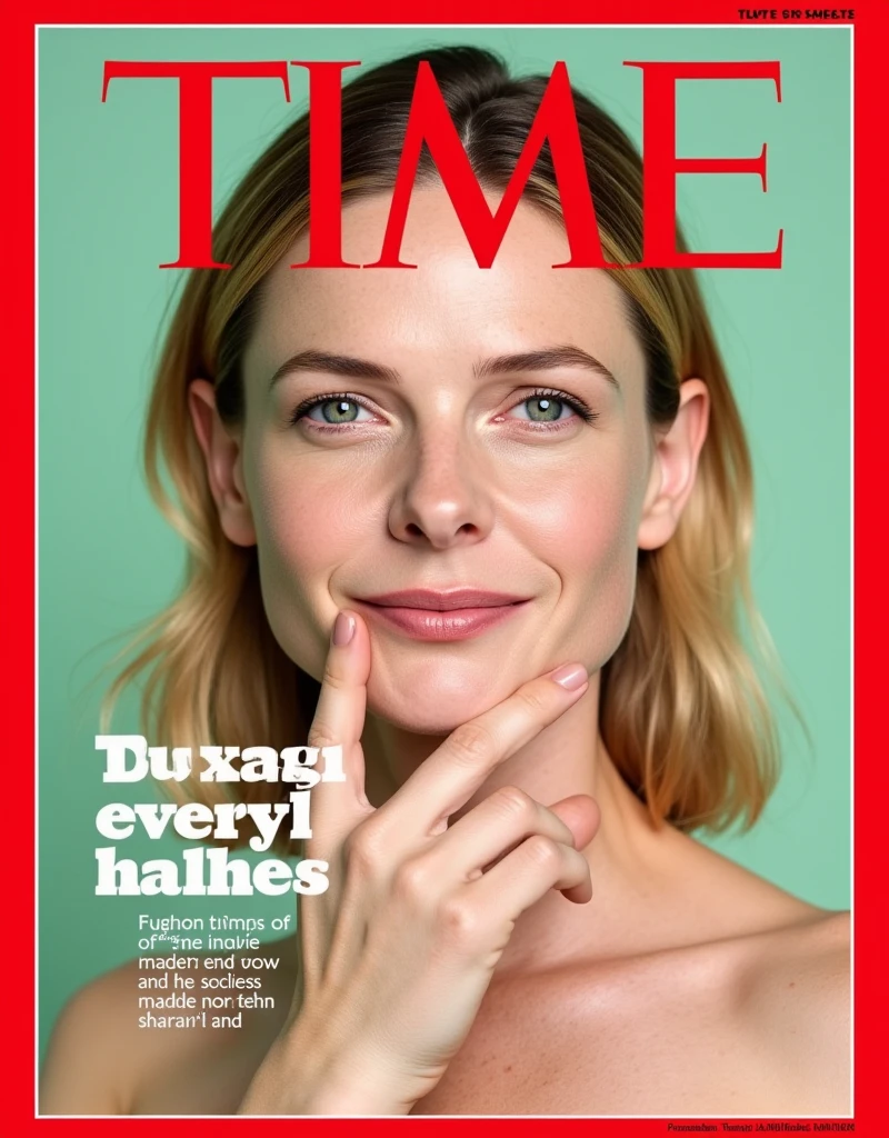 Magazine front cover " TIME 100 " written in middle Red decoration letters at the upon the screen,  writing word "The Most Influential  people  in the world" writing black letter under screen , background light green, Font view, cowboy shot, middle picture, Rebecca Ferguson, smile , middle cut, golden hair, Chanel design earing, White Chanel dinner simple dress, , (super detail, high details, high quality, accurate, anatomically correct, textured skin, beautiful fingers super detail, high details, high quality, best quality)