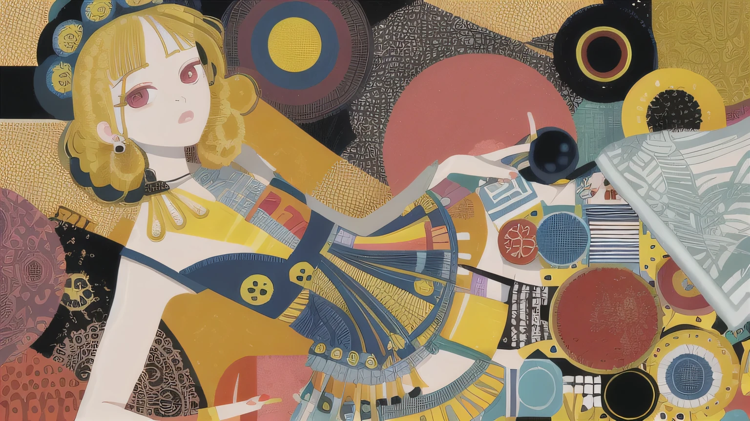 masterpiece, illustration of yellow art, in the style of grunge beauty, sandara tang, mixed patterns, charming character illustrations, folkloric , minimalis