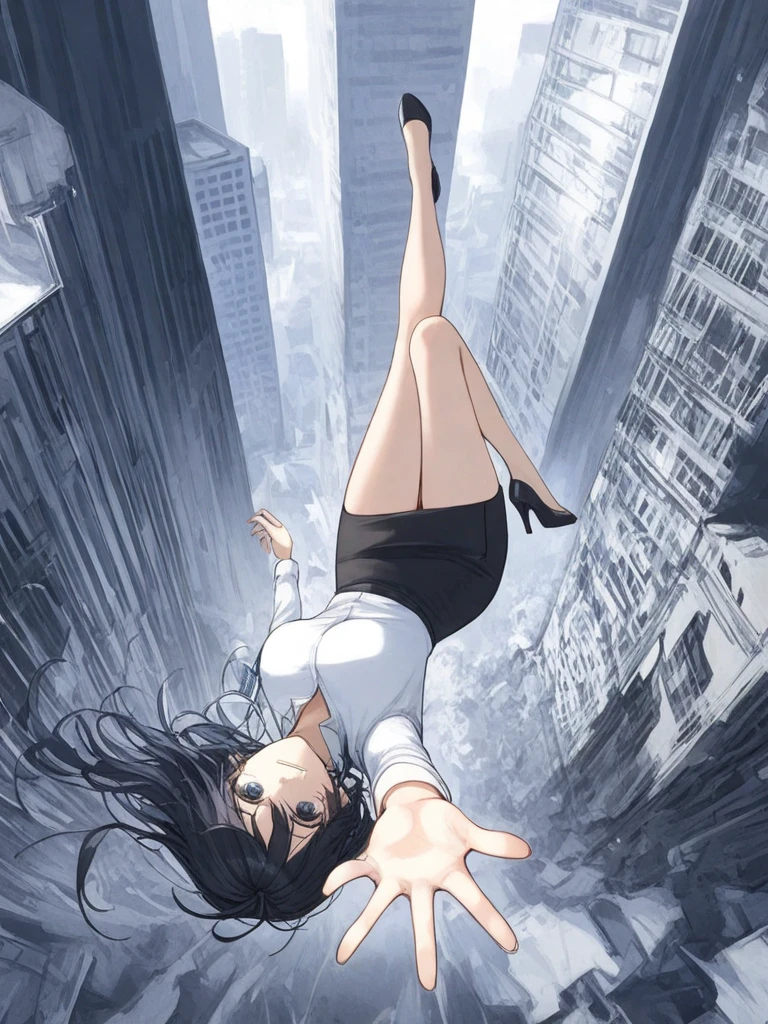 (masterpiece, best quality:1.2), 1 girl, unique, manga panel,  falling upside down, from high, in spiral, plummeting to the ground, low res faded buildings, office worker, high heels, from above, bleak colors, highly detailed wind, despair on face,  reaching hand for help, graphic details, graphic illustration, rapid descent, manga, detailed face, detailed eyes, 1 tear in eye