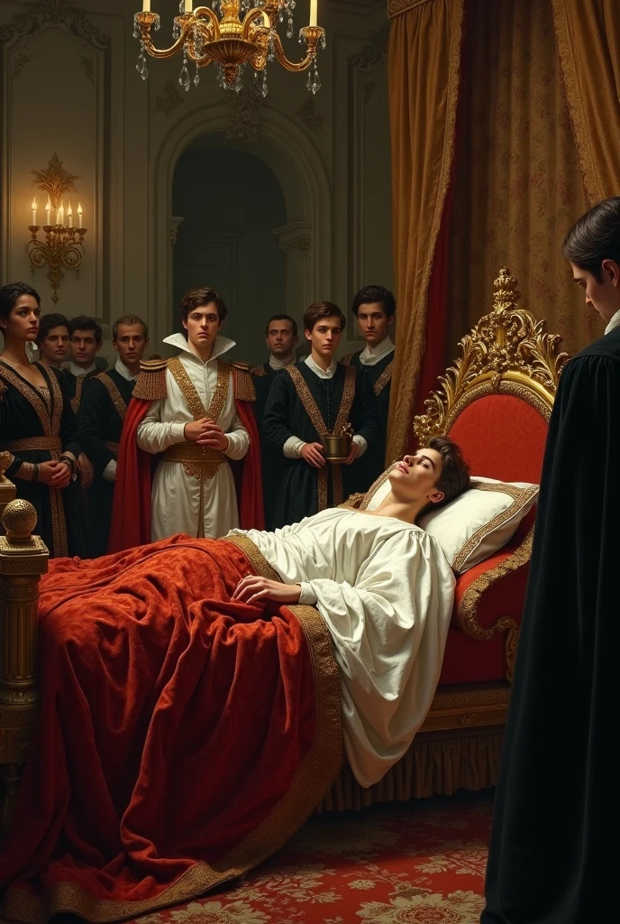 Create a highly detailed painting in the style of Edmund Blair Leighton that depicts the poignant scene of King Charles IV of France on his deathbed. The king, frail and pale, lies in an opulent bed draped with rich fabrics and adorned with the royal fleur-de-lis. His face reflects the gravity of the moment. Surrounding the bed, a group of anxious and somber-faced courtiers, nobles, and clergy are gathered, their postures and expressions revealing the fear and uncertainty about the future of the French throne. The background features dim, flickering candlelight that casts long shadows, adding to the solemn atmosphere. The room is filled with luxurious medieval decor, with tapestries and heraldic banners hanging from the walls, symbolizing the grandeur of the monarchy now at a perilous crossroads., Surrealism, Hyperrealism, UHD, retina, masterpiece, accurate, anatomically correct, textured skin, super detail, high quality, 16k