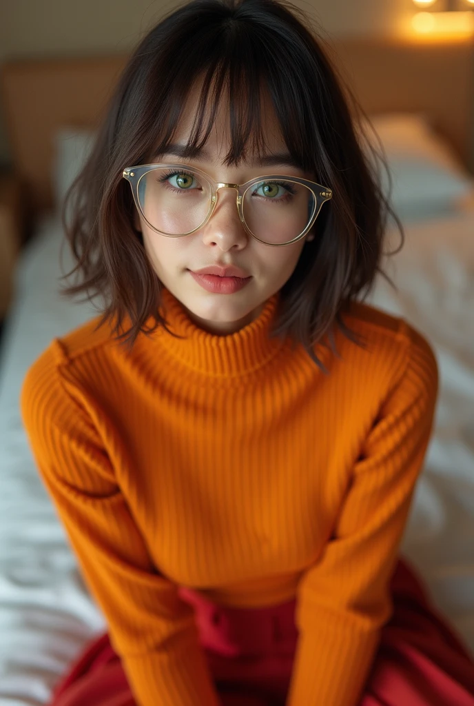 High Definition, 8k quality, Masterpiece, velma, huge dream girl , beautiful face, kiss lips, short bob hairstyle, long bangs, perfect make up, realistic face, detailed eyes, Blue eyes, Brown hair, eyelashes, mouth slightly open, bedroom, sitting in bed, showing cameltoe, eyes to the viewer, orange knit turtleneck sweater, glasses with clear lenses, red skirt,