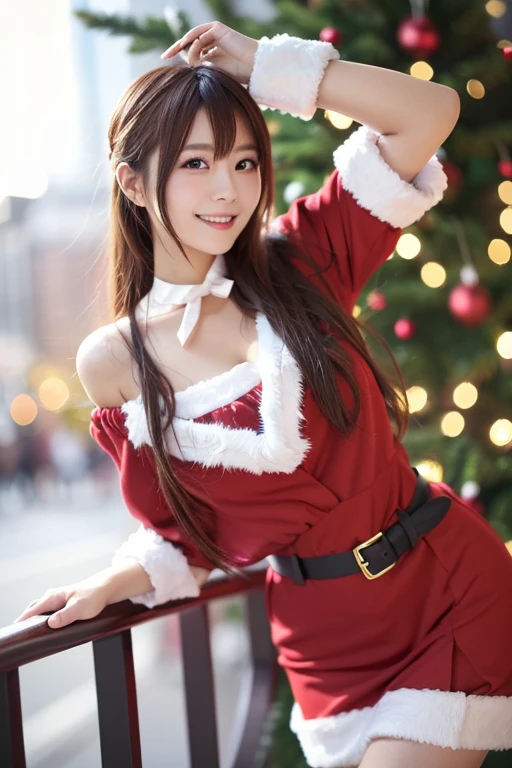 A Japanese model in a bright red Santa cosplay poses for a photo shoot、Bright red outfit、off-the-shoulder Santa dress、 miniskirt,  looking at camera、Detailed and beautiful eyes、 cute smile、 soft and gentle expression 、 Christmas tree in the background 