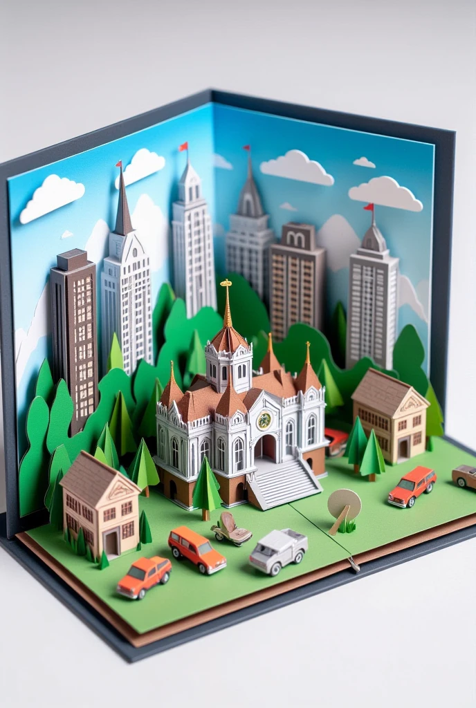 An origami landscape illustrating state buildings, schools, churches, and media as symbolic structures of control.

