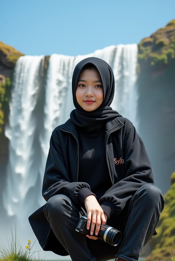 seorang gadis indonesia dengan memakai gaun malam, full body, duduk bangku taman, pinggir jalan, wajah menghadap penonton, gedung, mobil, suasana pagi hari dan cerah, awan biru, siluet gunung di kejauhan, chiaroscuro meningkatkan kesan detail yang rumit,realistis, beautiful scenery, hd detail 8k