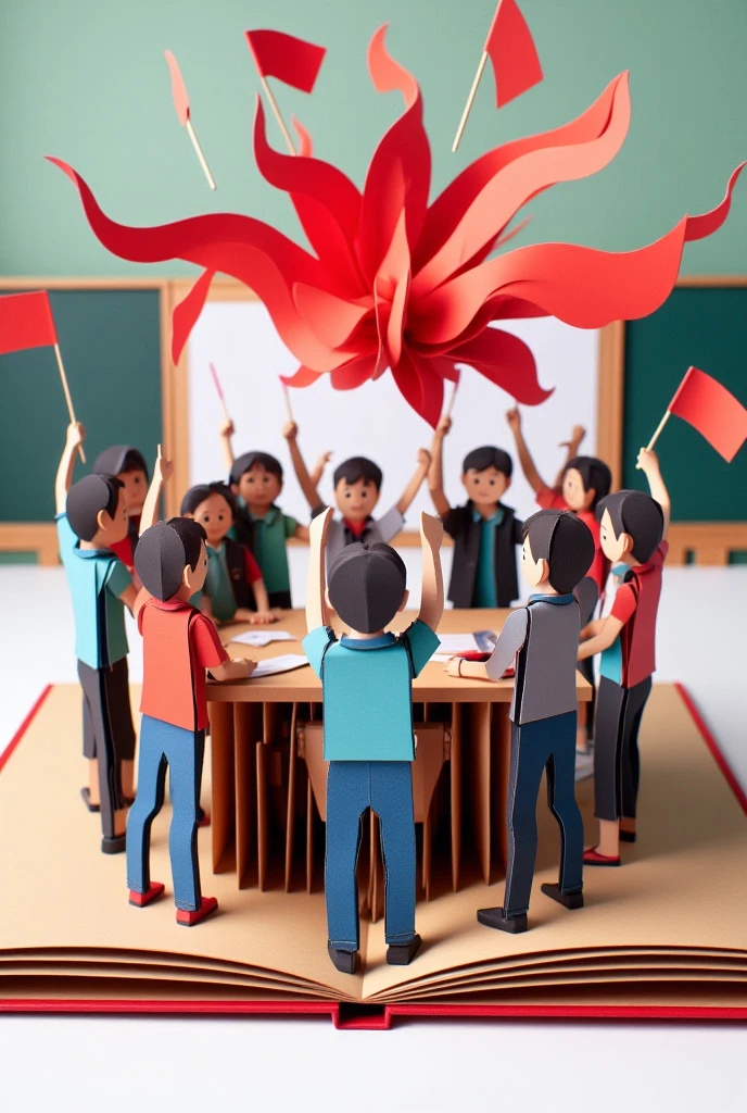 An origami classroom where students rise up with red flags, symbolizing the shift from learning to revolution.

