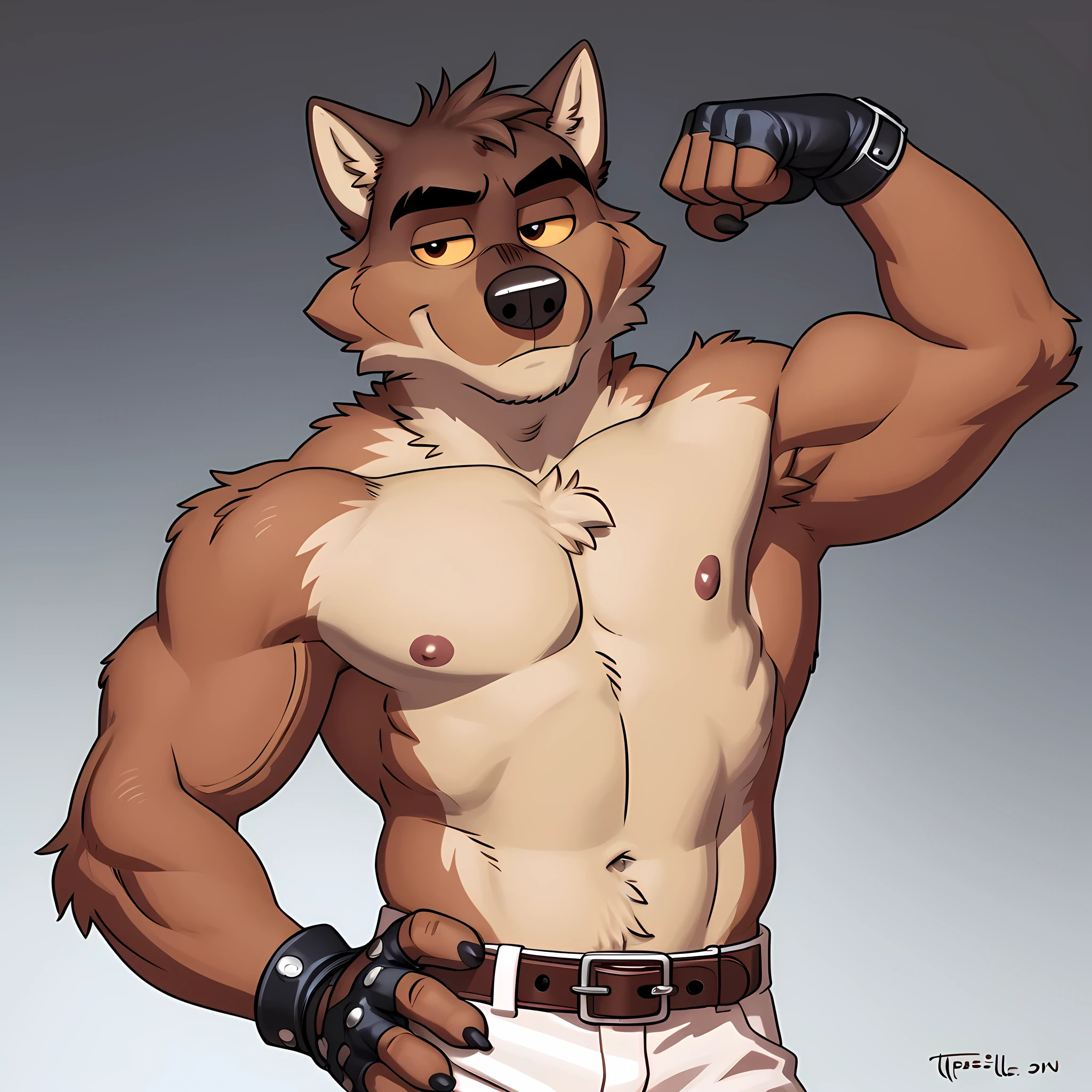 mr wolf, 4k, high resolution, best quality, detailed, posted on e621, solo, anthro body, masculine, male, (very muscular, defined muscles):1, (plain background, gradient background:1.1), correct anatomy, (detailed eyes:1.1), sexy, (cel shaded, cartoony shading, strong shadows, dramatic lighting):1.3, confident, (by wfa, by takemoto arashi, by meesh, by Taran Fiddler), strong, (half body, upper body), bare chest, shirtless, bare chest, black gloves, belt, white pants, flexing biceps, flexing muscles