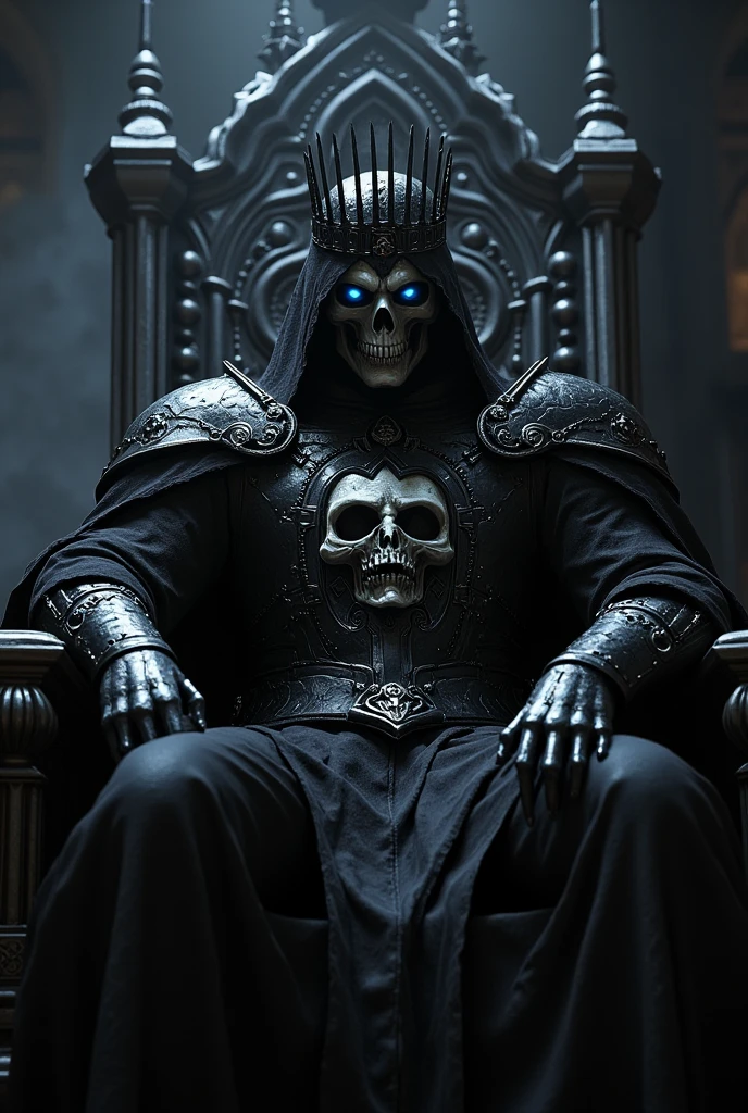 a gothic human king in black armor, mask in the form of a skull, on the head is a hood with a black crown and human blue eyes, dark burgundy cape, sits on the throne, intricate gothic details, dramatic lighting, moody atmosphere, cinematic composition, highly detailed, dark fantasy, photorealistic, 8k, (best quality,4k,8k,highres,masterpiece:1.2),ultra-detailed,(realistic,photorealistic,photo-realistic:1.37)