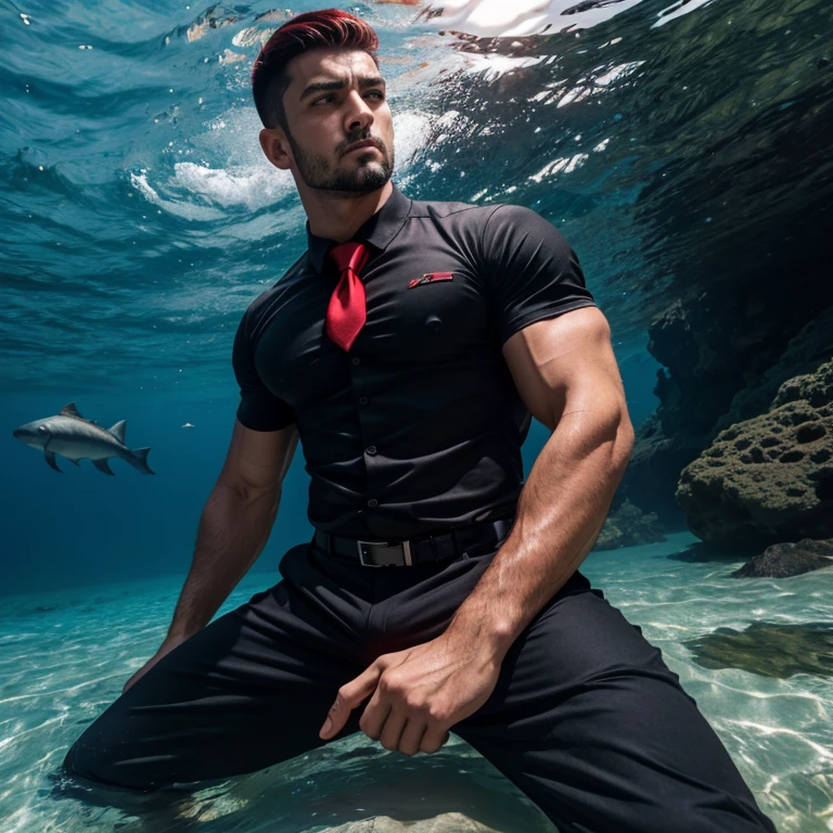 Yan_Gyee,lying on water,floating on water,eyes closed, solo, short hair, black hair, gloves, 1boy, bow tie, green eyes, white hair, male focus, fingerless gloves, torn clothes, muscular, facial hair, thick eyebrows, revealing clothes, bara, scar on face, sideburns, mature male, undercut, black male underwear,