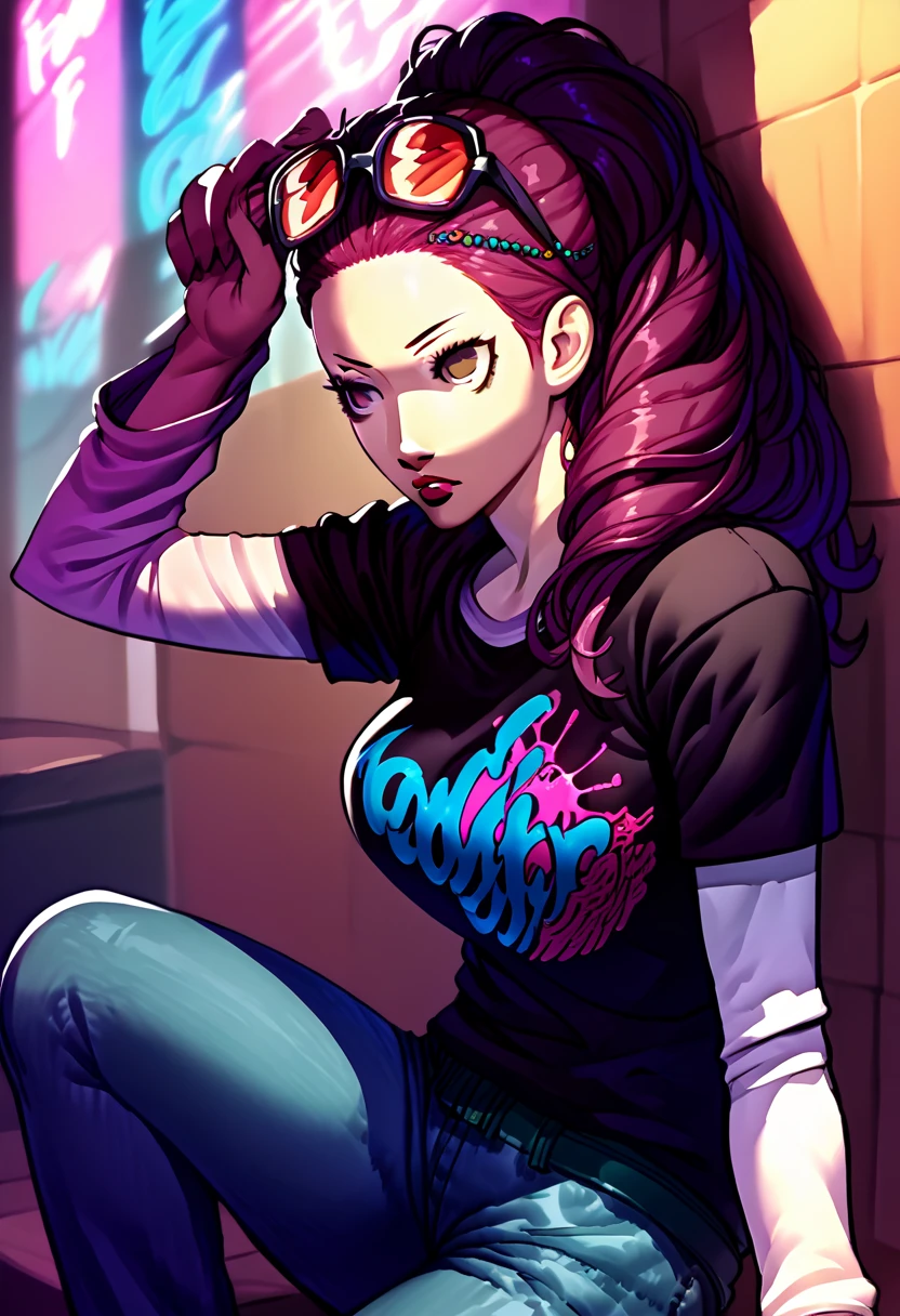 1 girl, sunglasses on head, lipstick, black t-shirt, clothes writing, layered sleeves, large breasts, jeans, Petra Macneary, brown eyes