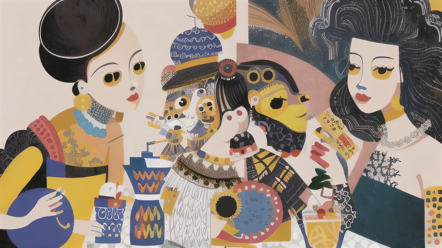 masterpiece, illustration of yellow art, in the style of grunge beauty, sandara tang, mixed patterns, charming character illustrations, folkloric , minimalis