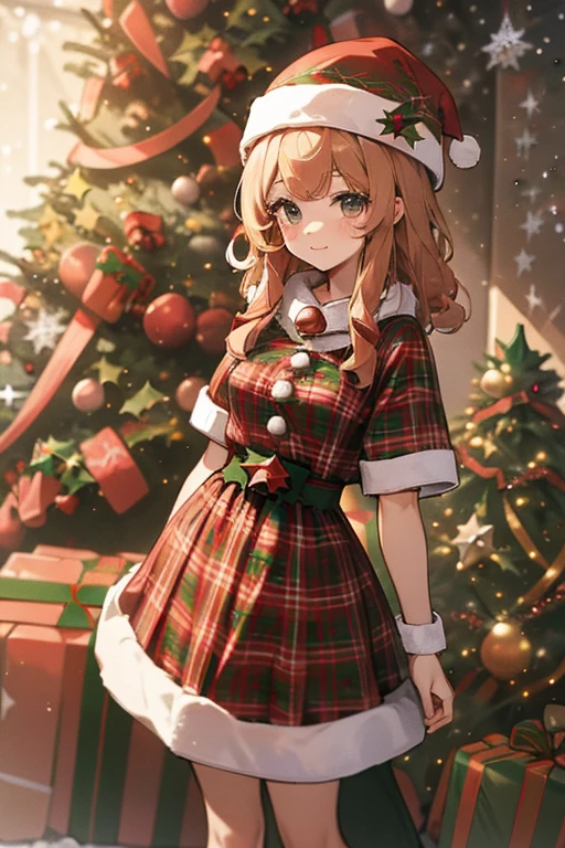 Sepia tone、Santa Claus Cosplay、a cute Japanese girl、small tits、Natural look、cowboy shot、Christmas tree、The background is a large gift box、
