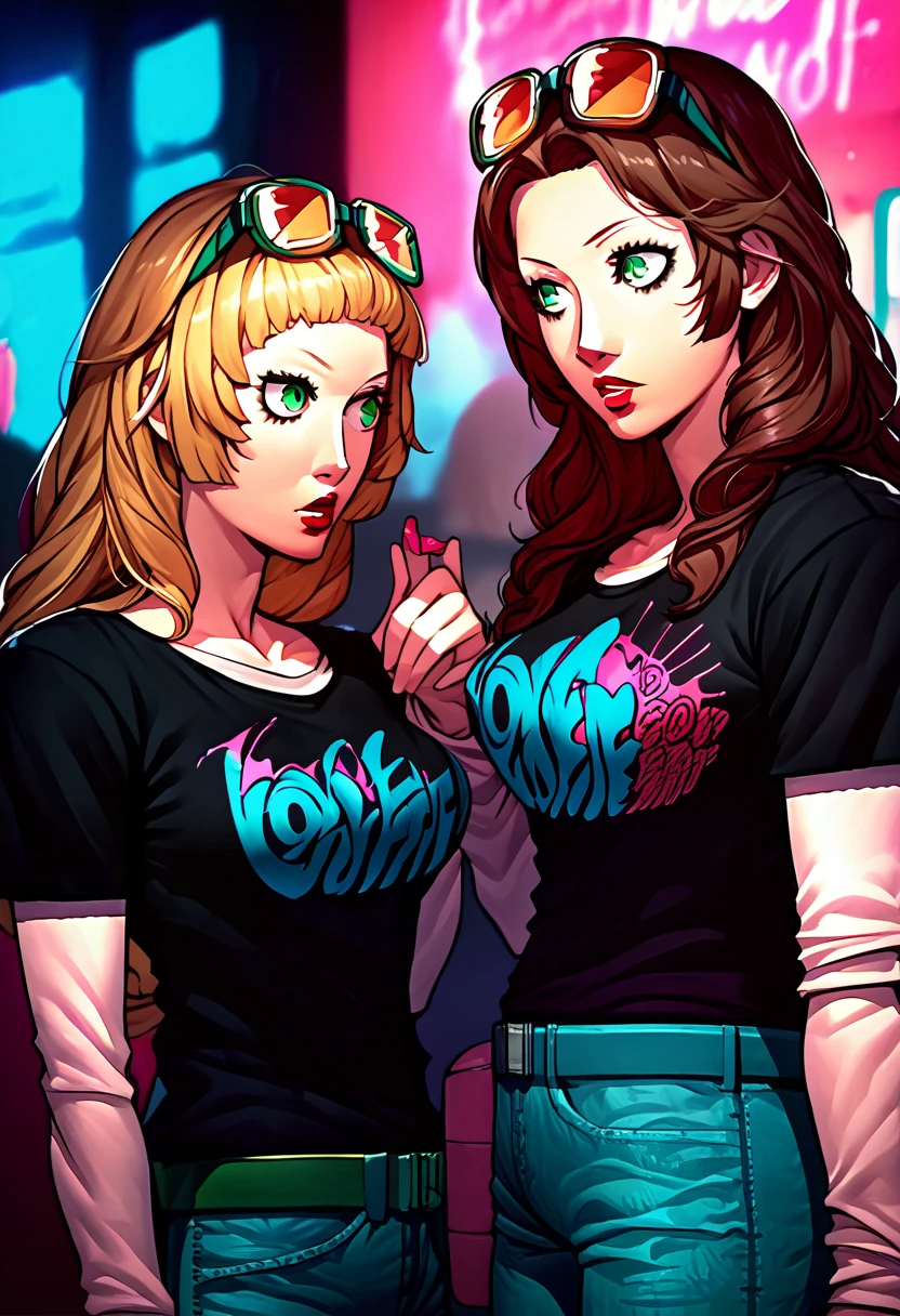 2 girls, sunglasses on head, lipstick, black t-shirt, clothes writing, layered sleeves, large breasts, jeans, Ingrid Brandl Galatea, Dorothea Arnault, green eyes, brown hair