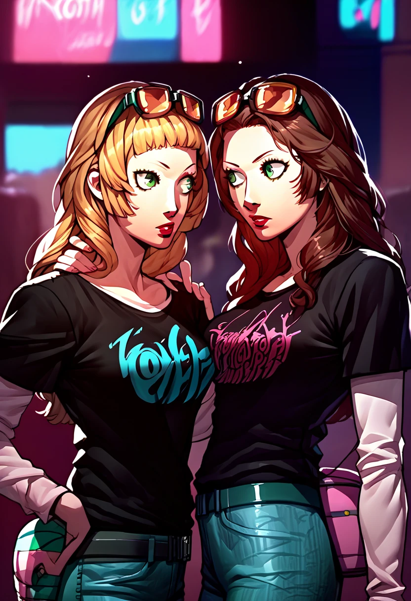 2 girls, sunglasses on head, lipstick, black t-shirt, clothes writing, layered sleeves, large breasts, jeans, Ingrid Brandl Galatea, Dorothea Arnault, green eyes, brown hair