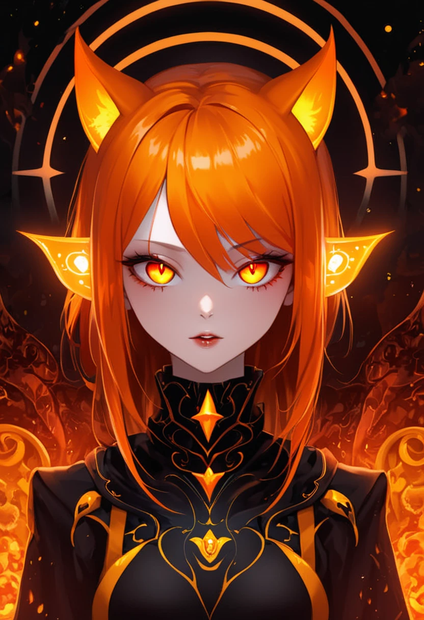 a digital painting of a woman with glowing eyes, beautiful iphone wallpaper, orange metal ears, awestriking, dating app icon, alluring and terrifying, the artist has used bright, as a vampire, benevolent android necromancer, orange lamp, artemis, yellow cyborg eyes, made of lava