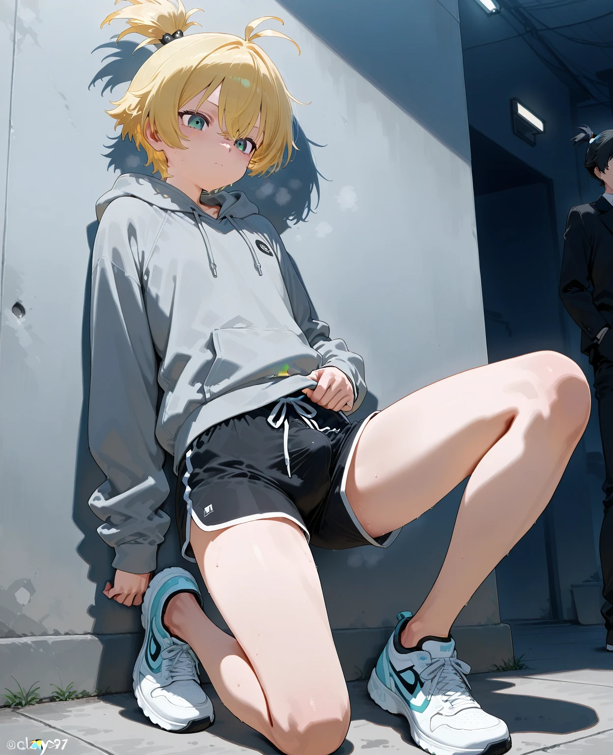 (( top quality )), ((  Masterpiece  )), (( Details)),  button。1boy, Alone, sissy boy。femboy。Reduce skin exposure。Around 。Beautiful Boy。Topknot。(glay  shorts:1.2)。 long legs 。 beautiful feet。 Flat Chest。 gray hoodie。 Long Sleeve 。 sneakers。Alone, Glare。 gets down on one knee。 island of ko,  futanari ,  button, Blonde, 