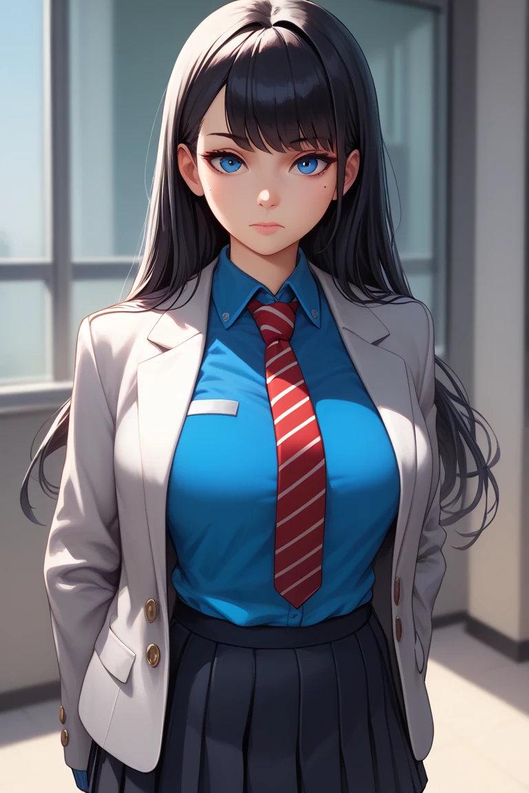 ,1girl, solo, long hair, big covered breasts, looking at viewer, bangs, blue eyes, skirt, shirt, black hair, long sleeves, closed mouth, school uniform, standing, jacket, pleated skirt, necktie, striped, collared shirt, miniskirt, black skirt, mole, mole under eye, blazer, white jacket, blue shirt, red necktie, grey jacket, arms at sides, striped necktie