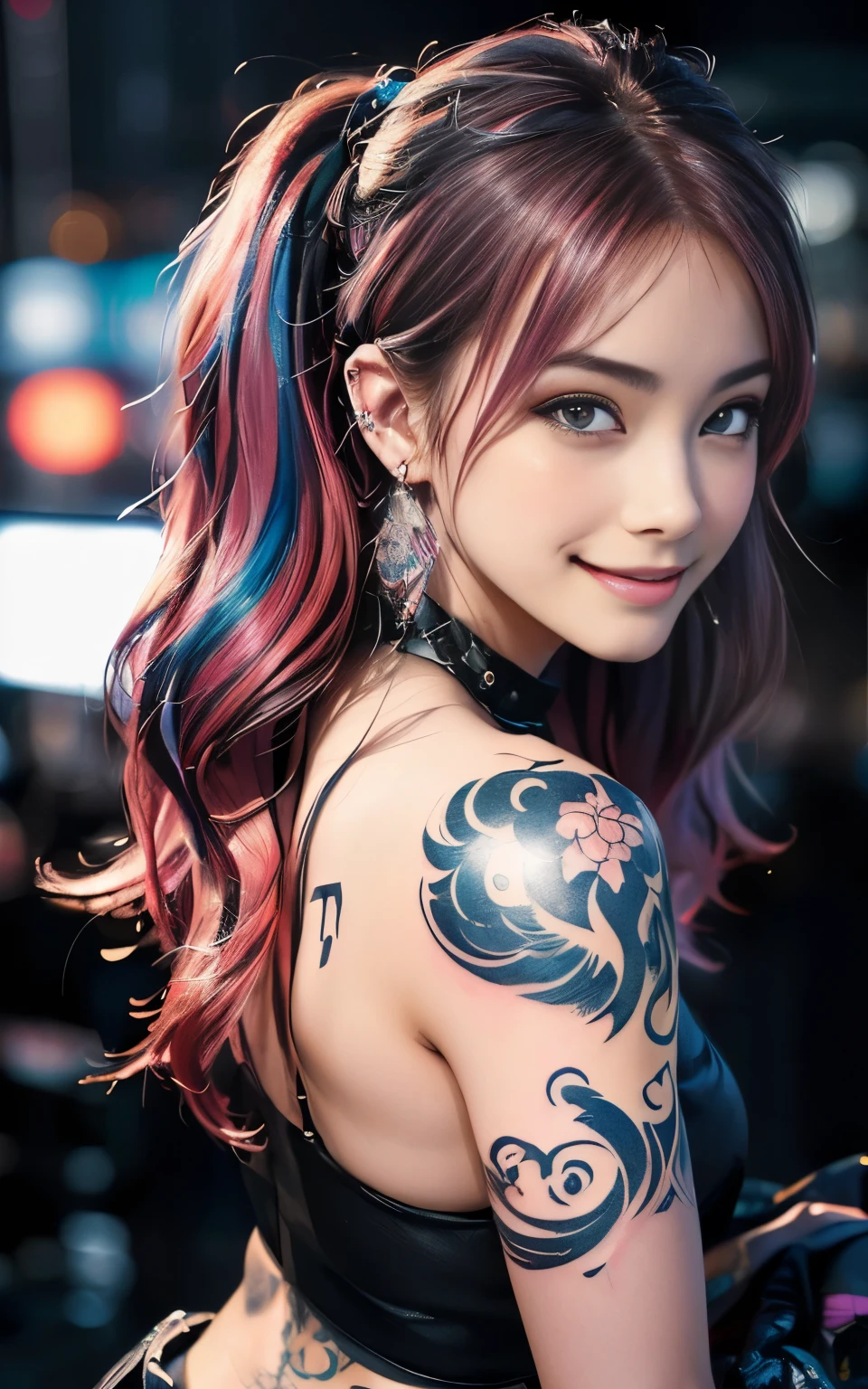 ((1girl in)),Girl in fancy streetwear, neotokyo, Centered| Convoluted| Highly detailed| Breathtaking beauty| precise lineart| Vibrant| comprehensive cinematic| Carne Griffiths| Conrad Roset, 8K, Cinematic lighting, rainy, Best Quality, hight resolution, blue open sky, (the most beautiful portrait in the world:1.5),(The tattoo),((Random Poses)),((Fancy hair color)),((smirk grin)),(A sexy),((luslous skin)),Angle from above,Big piercings,Bright hair color