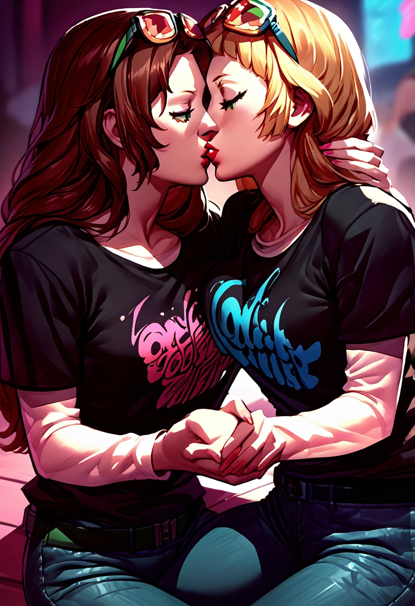 2 girls, sunglasses on head, lipstick, black t-shirt, clothes writing, layered sleeves, large breasts, jeans, Ingrid Brandl Galatea, Dorothea Arnault, green eyes, brown hair, kissing