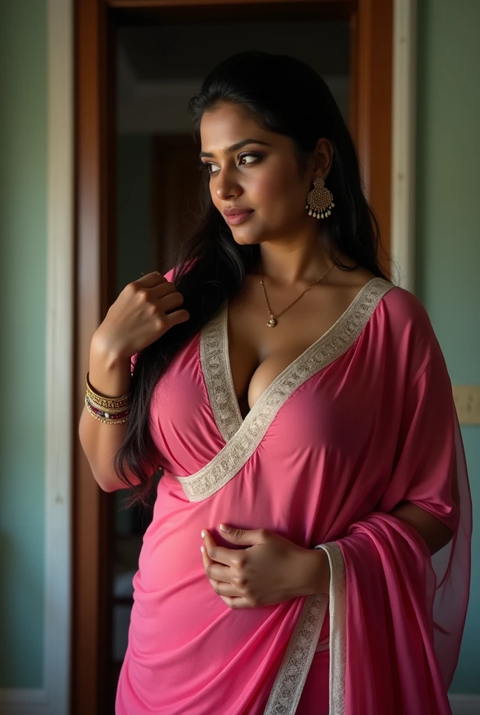 A lovely Indian woman (age 25, athletic, very full breasts natural sag, wide hips, big butt, colorful translucent dress made of sheer silk cloths), happy, heavy flirting, convenient poses where a lot of light is behind her fully revealing the wonders under her translucent dress (breasts and vagina well defined), she is showing the viewer around her home particularly her lavish bedroom (bed covered with many flowers)