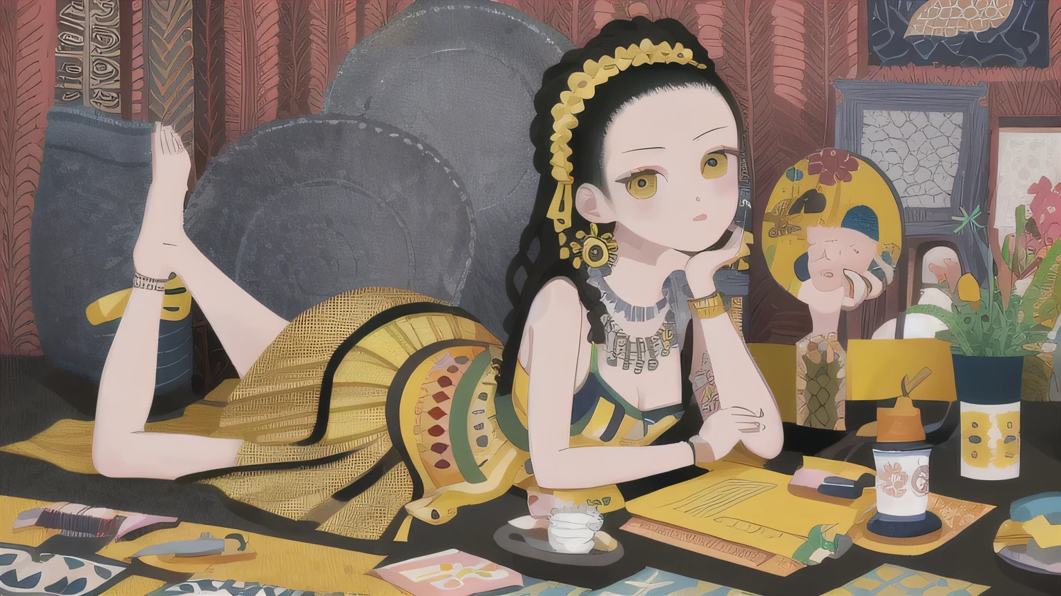 masterpiece, illustration of yellow art, in the style of grunge beauty, sandara tang, mixed patterns, charming character illustrations, folkloric , minimalis