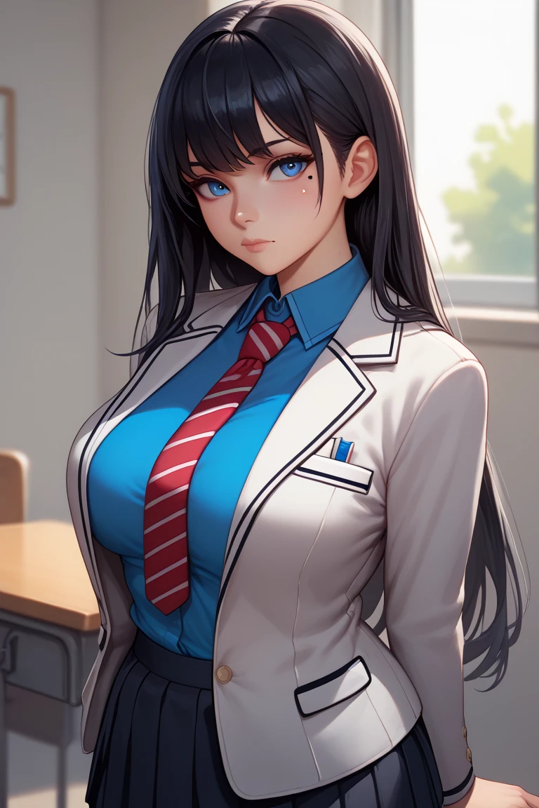 ,1girl, solo, long hair, big covered breasts, looking at viewer, bangs, blue eyes, skirt, shirt, black hair, long sleeves, closed mouth, school uniform,showing belly, standing,short shirt, pleated skirt, necktie, striped, collared shirt, miniskirt, black skirt, mole, mole under eye, blazer, white jacket, blue shirt, red necktie, grey jacket, arms at sides, striped necktie