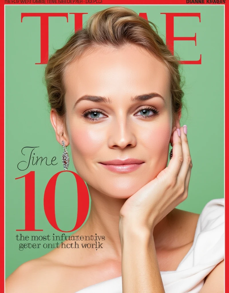 Magazine front cover " TIME 100 " written in middle Red decoration letters at the upon the screen,  writing word "The Most Influential  people  in the world" writing black letter under screen , background light green, Font view, cowboy shot, middle picture, Diane Kruger, smile , middle cut, golden hair, Chanel design earing, White Chanel dinner simple dress, , (super detail, high details, high quality, accurate, anatomically correct, textured skin, beautiful fingers super detail, high details, high quality, best quality)