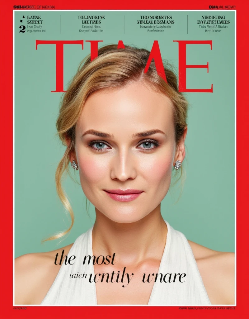 Magazine front cover " TIME 100 " written in middle Red decoration letters at the upon the screen,  writing word "The Most Influential  people  in the world" writing black letter under screen , background light green, Font view, cowboy shot, middle picture, Diane Kruger, smile , middle cut, golden hair, Chanel design earing, White Chanel dinner simple dress, , (super detail, high details, high quality, accurate, anatomically correct, textured skin, beautiful fingers super detail, high details, high quality, best quality)