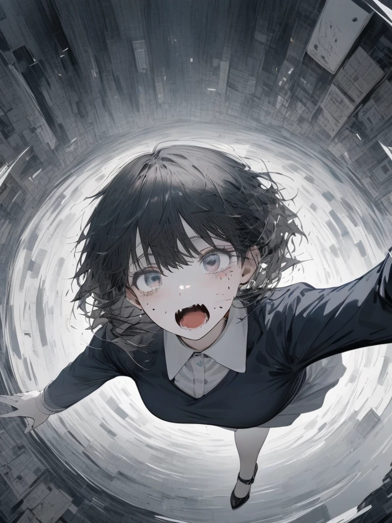 (masterpiece, best quality:1.2), 1 girl, unique, manga panel,  falling upside down, from high, in spiral, plummeting to the ground, low res faded buildings, office worker, high heels, from above, bleak colors, highly detailed wind, despair on face,  reaching hand for help, graphic details, graphic illustration, rapid descent, manga, detailed face, detailed eyes, 1 tear in eye