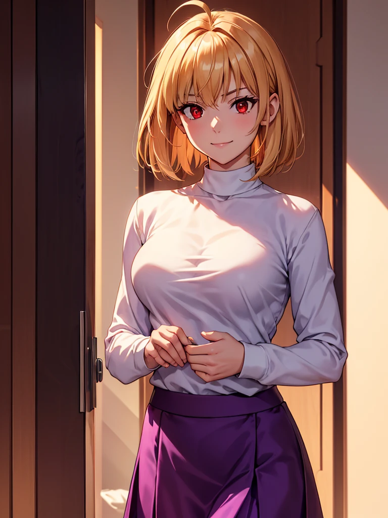 (​masterpiece, top-quality, hight resolution, Unity 8k, extremely details CG:1, Best Picture), arcueid brunestud, blonde hair, (red eyes:1.5), short hair, ahoge, long skirt, (((purple skirt))), sweater, turtleneck, white sweater, large breasts, A young woman with a slightly awkward and conflicted expression, as if caught in a truly unexpected and embarrassing situation. She has a nervous smile, slightly raised eyebrows, and her gaze averts to the side in hesitation. Her outfit is subtly stylish and modern, suitable for a high-class escort or nightlife worker, featuring modest yet suggestive elements like a short skirt, a blouse with gentle cleavage, and light accessories. Her body language shows unease—her hand fidgets nervously or touches her shoulder. The setting is indoors, dimly lit with warm tones, resembling a quiet hotel room or entrance hallway. The focus is on her complex emotional expression—caught between surprise, mild embarrassment, and forced professionalism.  