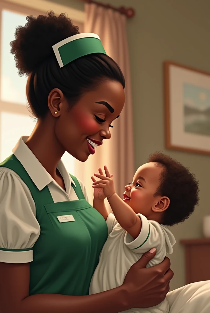Create a cartoon image of a Papua New Guinea nurse with a slightly broad nose and an afro, dressed in a professional uniform, attentively preparing to administer an injection to an  in his arm. The  is being held closely by its mother, who has brown skin, a small afro and a warm, nurturing expression. The setting should be a simple, clean clinic environment. The image should convey a sense of care, professionalism, and the importance of immunization for protection against vaccine-preventable diseases.