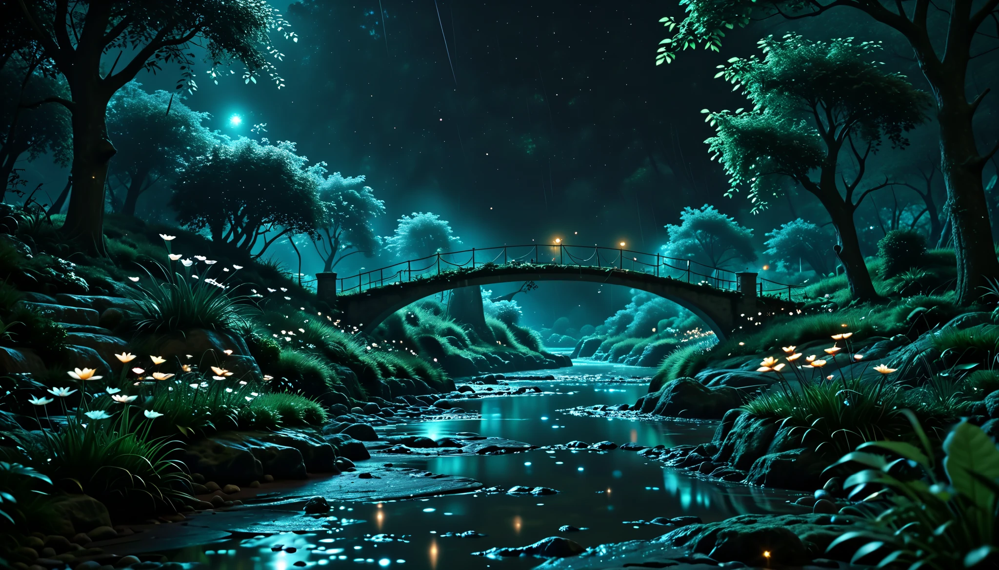 (8k analog photo,magical landscape:1.2),
a stone bridge over a creek in a magical valley with glittering plantlife all around,
bioluminescent