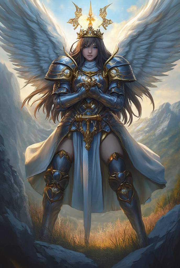 (masterpiece, top quality, best quality, official art, beautiful and aesthetically pleasing:1.2), (1girl:1.3), ((Sharp features, sharp features, hawk-like features)), ((blue eyes)), brunette paladin knight, extremely detailed, portrait, looking at viewer, solo, (full body:0.6), detailed background, full body shot, (warm mountain meadow theme:1.1), holy knight, (nun), charlatan, smirk, mysterious, swaying in the mountains, armor, polished metal, gold trim, wearing long stiletto boots, white fabric, exposed thick overgrown groin, robe, pale skin, ((((nun, greatsword, crown, holy aura, heavy armor, armored, long legs, toned, muscular)))), thin waist, slender hips, long legs, medieval (mountain appearance:1.1) background, dark mysterious lighting, shadows, magical atmosphere, dutch angle