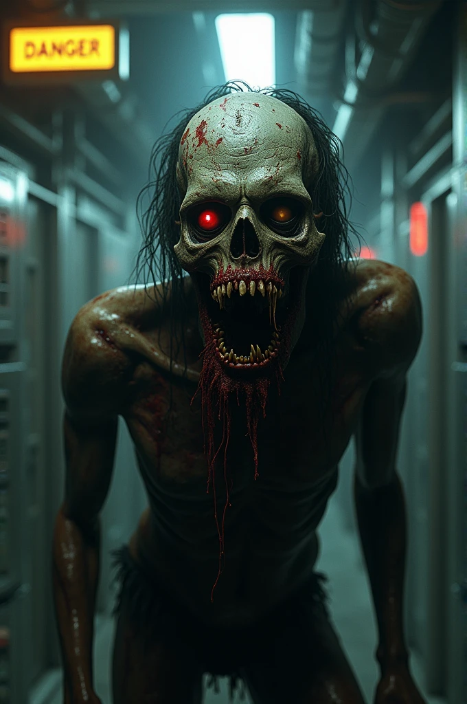 closeup shot photography of a Scarification covered ghoul inside a disused coal central by Tom Savini