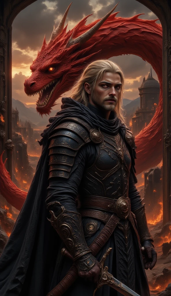 masterpiece, 8k, HDR, 3D, best quality, photograph, analog style, real life, extremely beautiful, (highly detailed, intricately detailed), (highly detailed skin), (alluring eyes), an image of a warrior with his sword in his hand, next to his red dragon, fighting with orcs, (1 man), (stubble beard), (short goatee), (spiky hair), medium honey blonde hair, smile, brown eyes, muscular body, muscular arms, looking back over his shoulder, black armor, Lord of the Rings, film grain, agile and manly movements, doors, sunrise