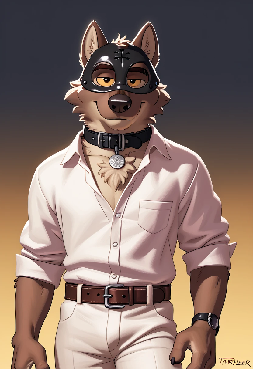 mr wolf, bg, 4k, high resolution, best quality, detailed, posted on e621, solo, anthro body, masculine, male, (plain background, gradient background:1.1), correct anatomy, (detailed eyes:1.1), (cel shaded, cartoony shading, strong shadows, dramatic lighting):1.3, confident, (by wfa, by takemoto arashi, by meesh, by Taran Fiddler), strong, (half body, upper body), (bare chest, shirtless):1.5, belt, white pants, bedroom eyes, puppy mask, leather dog mask, sturdy collar