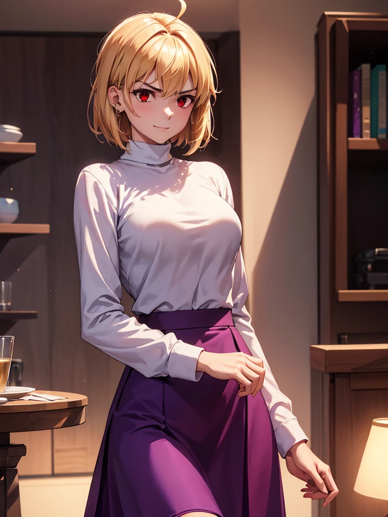 (​masterpiece, top-quality, hight resolution, Unity 8k, extremely details CG:1, Best Picture), arcueid brunestud, blonde hair, (red eyes:1.5), short hair, ahoge, long skirt, (((purple skirt))), sweater, turtleneck, white sweater, large breasts, A woman reluctantly interacting with a disliked customer, showing clear annoyance and displeasure on her face. Her expression includes furrowed eyebrows, slightly narrowed eyes, and a forced, tight-lipped smile or even a small grimace. Her body language is stiff, and her arms are crossed or her hands are clenched, emphasizing her discomfort. The setting is a service environment, such as a lounge or club, with subdued lighting that highlights her irritated mood. Her outfit is neat and professional but slightly revealing, fitting the atmosphere of a hostess or attendant in a customer-facing role.