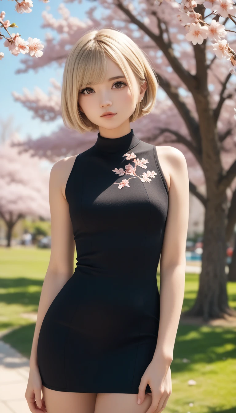   ONE GIRL PLAYING FUCKING、 Unique hairstyle、 Blonde、(((Fatigue)))、 small eyes 、    plump lips  、(((１６)))、(  knit dress、  BLACK TIGHT DRESS  :1.5)、  outdoor 、Midsummer Sun、Summer Park、cherry blossoms、Someiyoshino cherry blossoms、 top quality 、   super high resolution  、 super detailed 、masterpiece:1.5、８ｋ、MOVIE CATEGORY 、  Perfect Anatomy、   cinematic lighting 、50ｍｍ SHOOTING WITH A LENS 、 Professional photographer  、