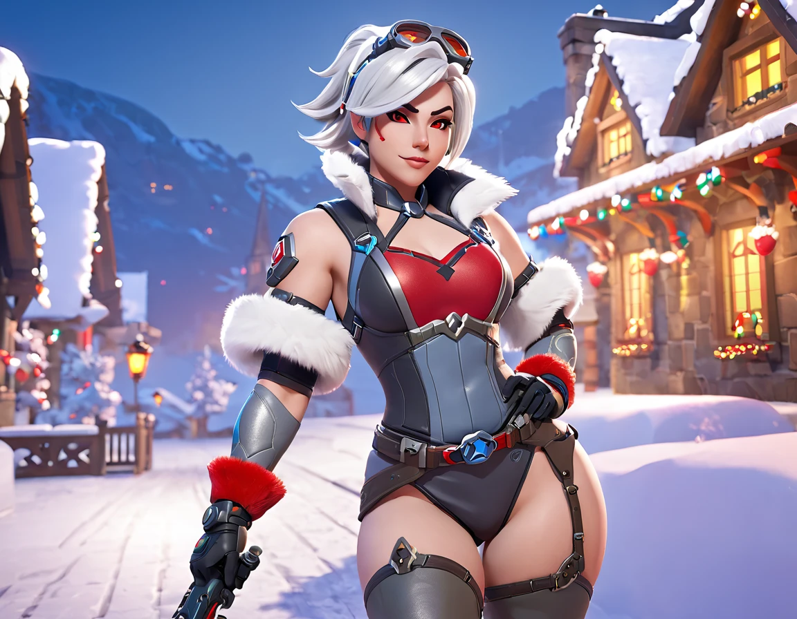  Overwatch character Ash from Overwatch  , Caledonia Ash  ,  is a masterpiece of high-quality photography, Overwatch's ,  white hair ,  red eyes, winter background,  The Christmas atmosphere of erotica ,  shows legs in stockings 