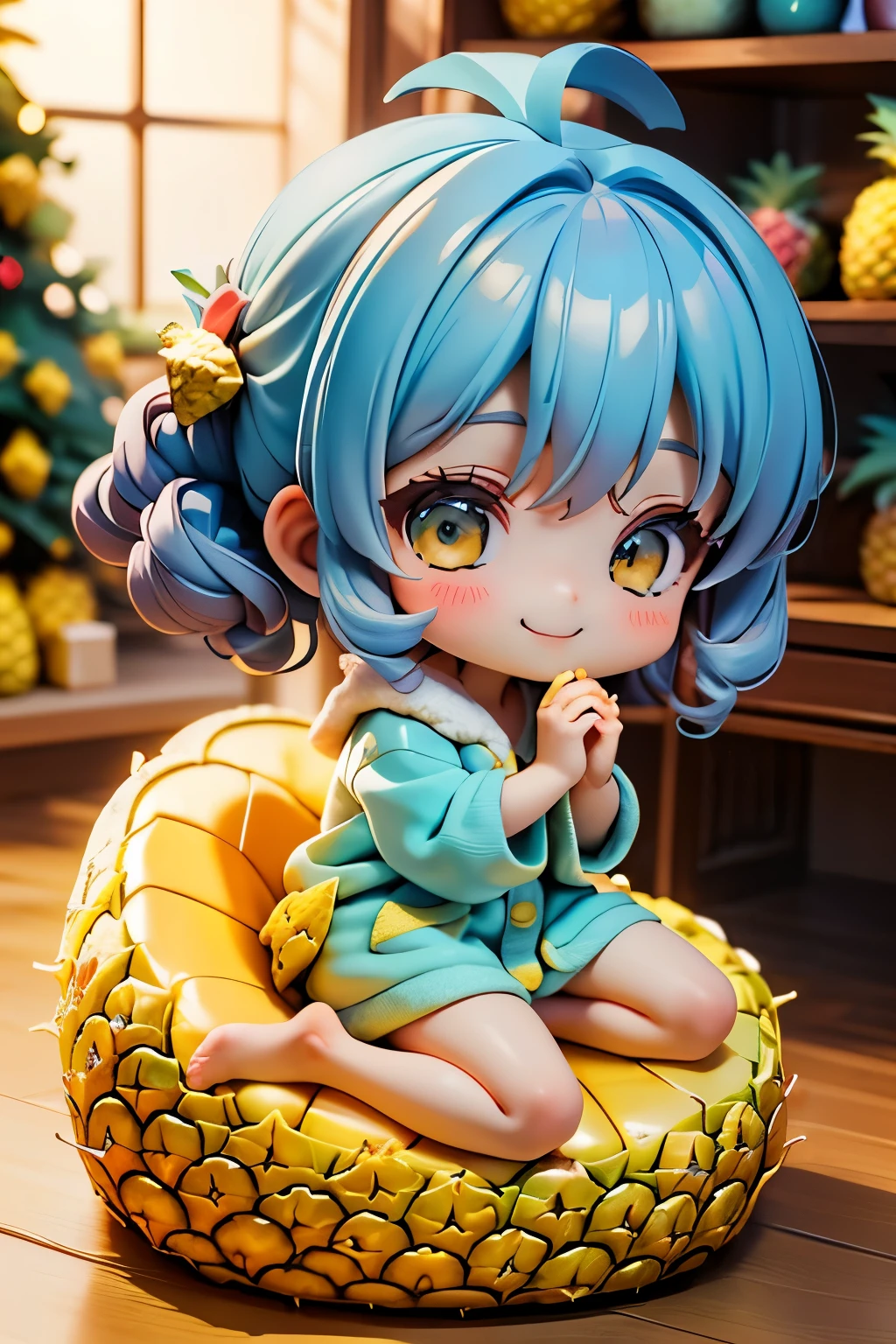 ( Masterpiece , Fresh Pineapple:1.4)、(Anime Moe、Chibi Body、細い足、Light-reflecting skin、Delicately drawn fingers、 light blue hair color, Short chignon hair、 curly hair 、Golden Eyes、:3,  :1.3)、( with a big Christmas tree in the background、fluffy yellow pajamas 、 fluffy long cardigans、barefoot:1.2)、(Beautiful Interior 、Strong light and shadow、white pineapple round chair、Sit down、 sideways、Close your eyes、 winks、Making a heart shape with hands、smile、whole body:1.3)