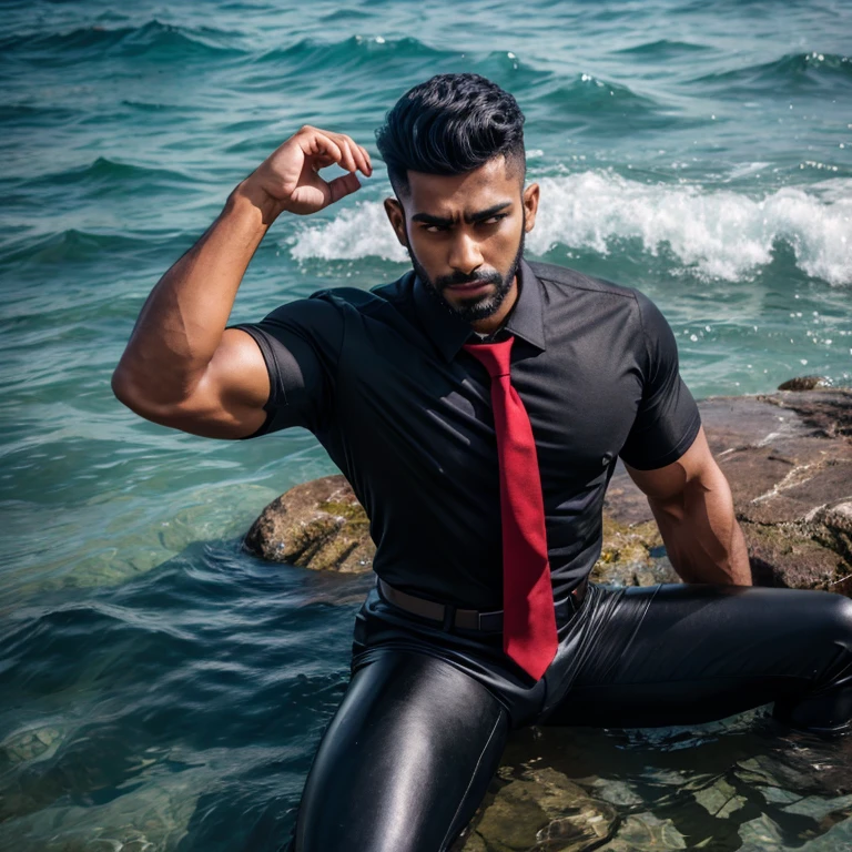 South asian man, 18 years old, long hair , location maldives, all wet wearing black rash guard and tights , pose sitting, super sexy