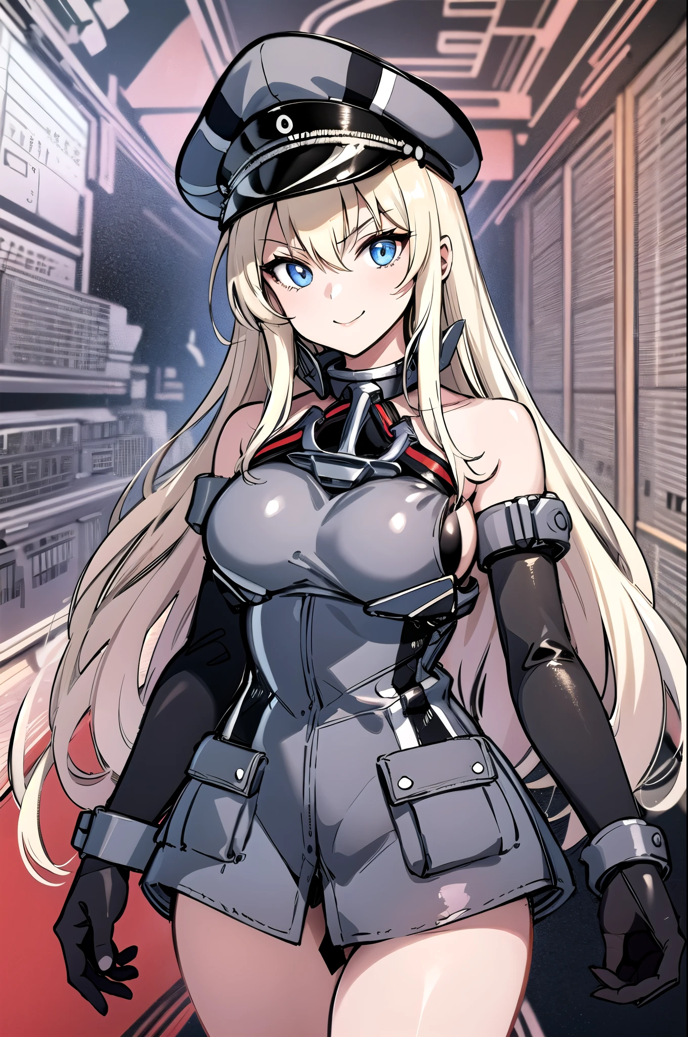 Bismarck_\( kancole \),  1 girl, Blonde,  has ,  long hair,  blue eyes,  gloves,  Military , brown  gloves,  peaked cap , Thighsの高い靴下,  Military  uniform, uniform, Bare shoulders, Separate sleeves,  Military   has , Iron Cross, chest,anchor, grey Thighsの高い靴下, large chest,  Long Sleeve , masterpiece,  top quality , Thighs, ( simple background), (White background:1.3), (front:1.5), nature,  hair clip,  solo focus ,  watching viewers against a tropical island in the background,  towards viewers,  standing with different breasts ,  Lightsmile ,(cropped foot, ), 